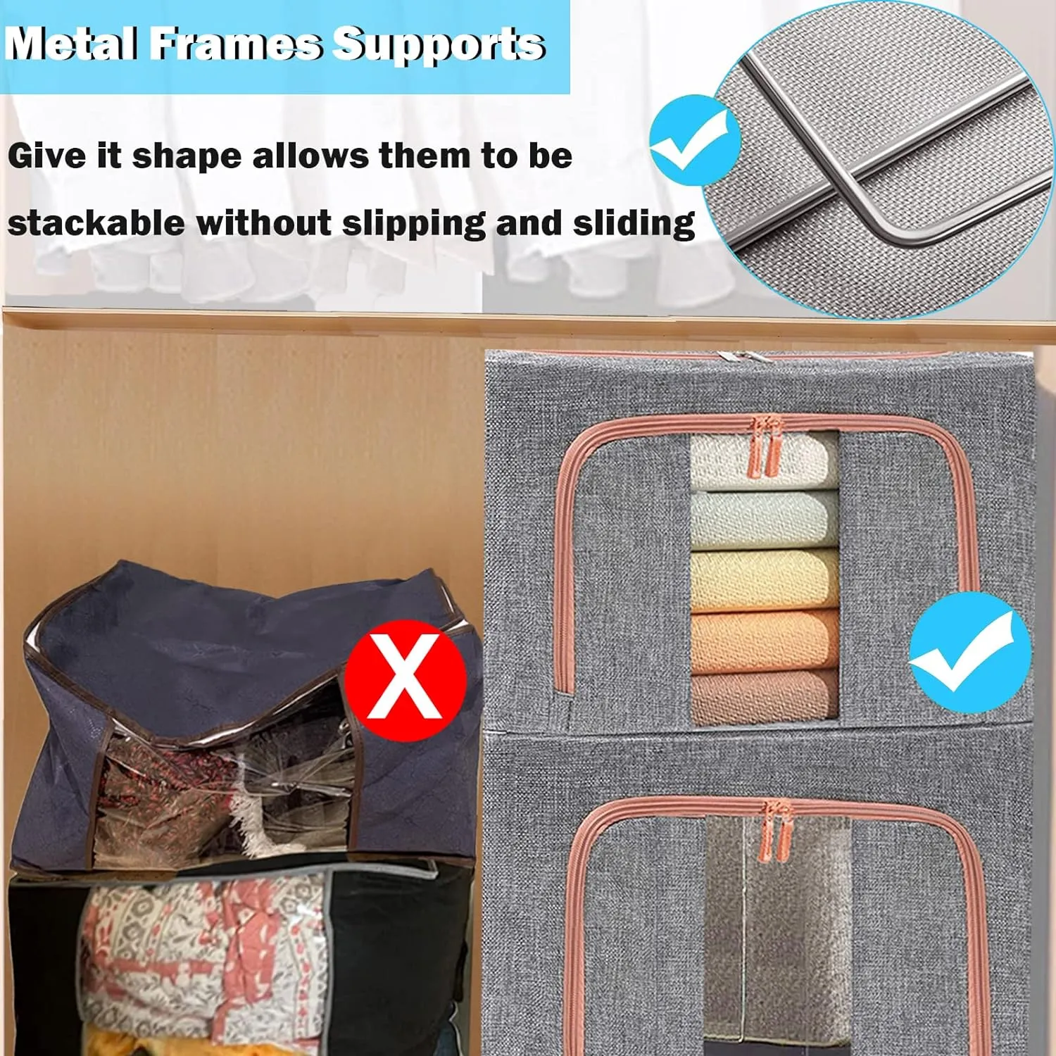 100L Large Storage Bags,Stackable Clothes Storage Bins with Hold Shape Metal Frame,Foldable Closet Organizer Containers with Zipper,Clear Window,Thick Fabric for Seasonal Clothing (Navy 4 Pack)