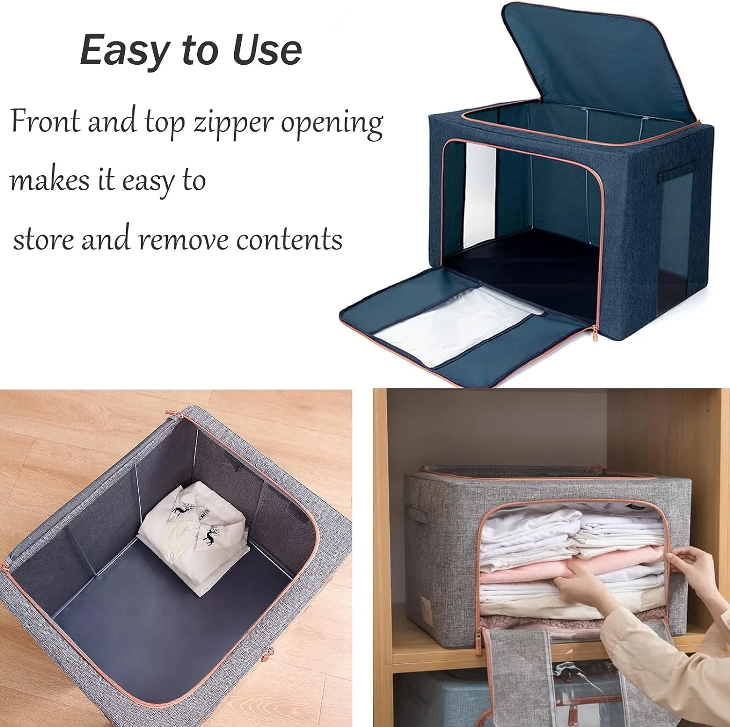 100L Large Storage Bags,Stackable Clothes Storage Bins with Hold Shape Metal Frame,Foldable Closet Organizer Containers with Zipper,Clear Window,Thick Fabric for Seasonal Clothing (Navy 4 Pack)