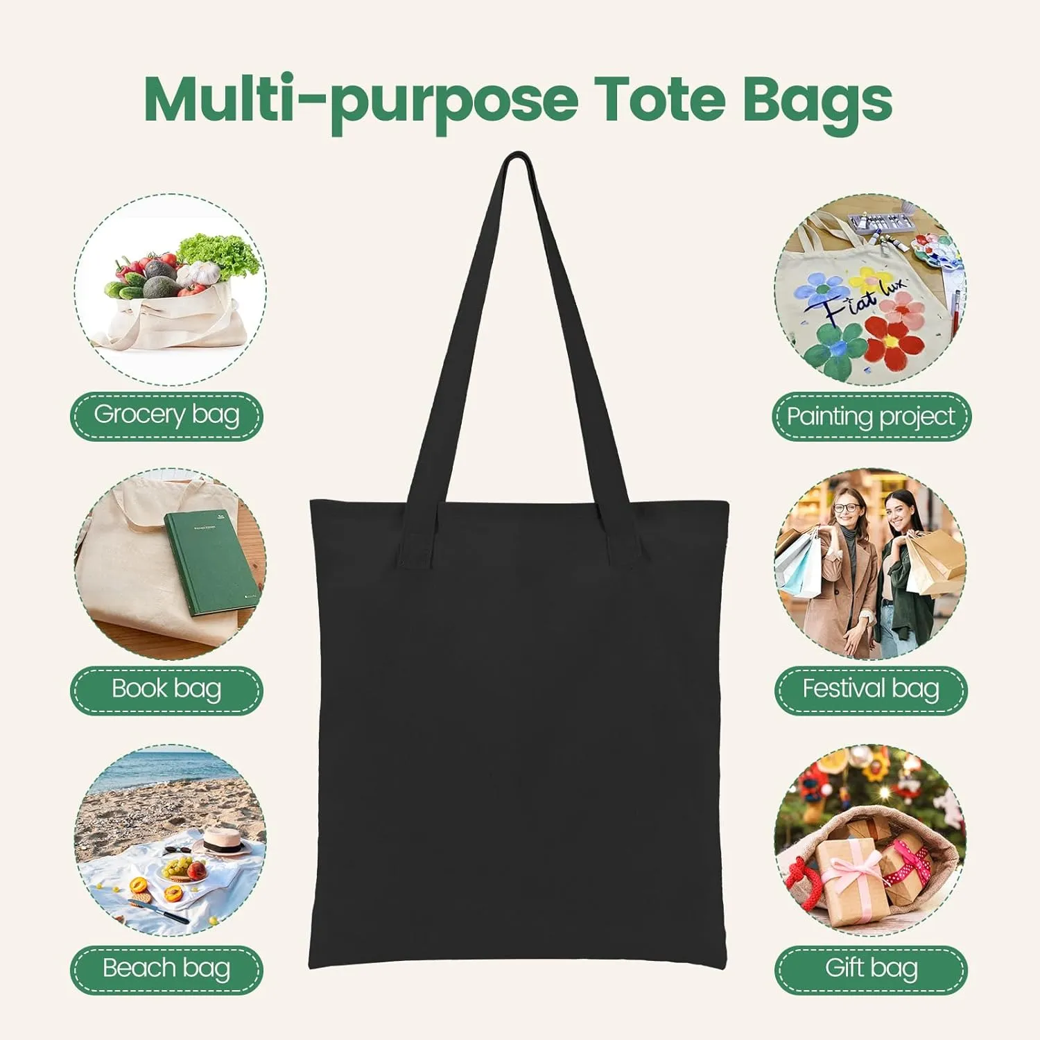 12 Pack Canvas Tote Bag - Lightweight Tote Bags Bulk Thin Blank Shopping Reusable Grocery Bags for DIY Gift Sublimation Activity - Black
