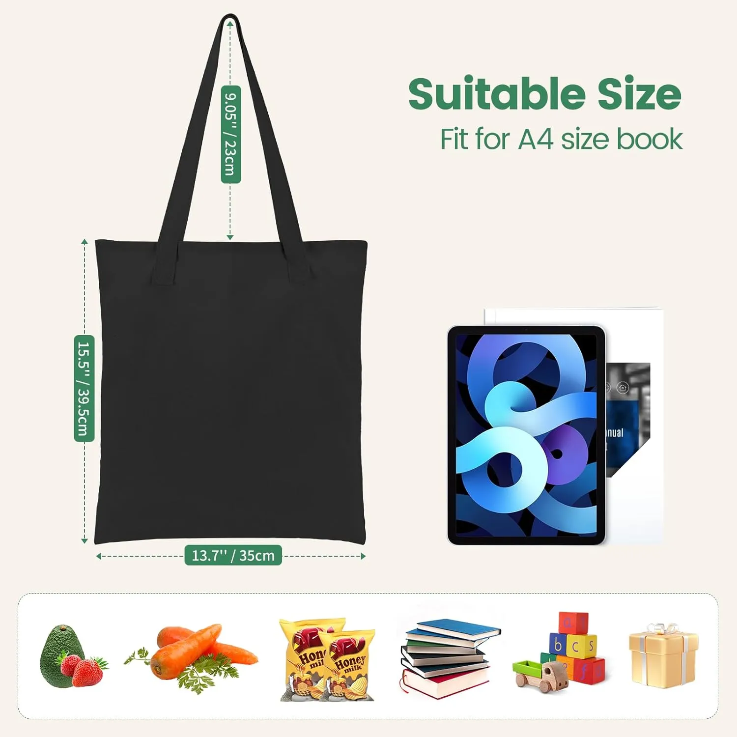 12 Pack Canvas Tote Bag - Lightweight Tote Bags Bulk Thin Blank Shopping Reusable Grocery Bags for DIY Gift Sublimation Activity - Black