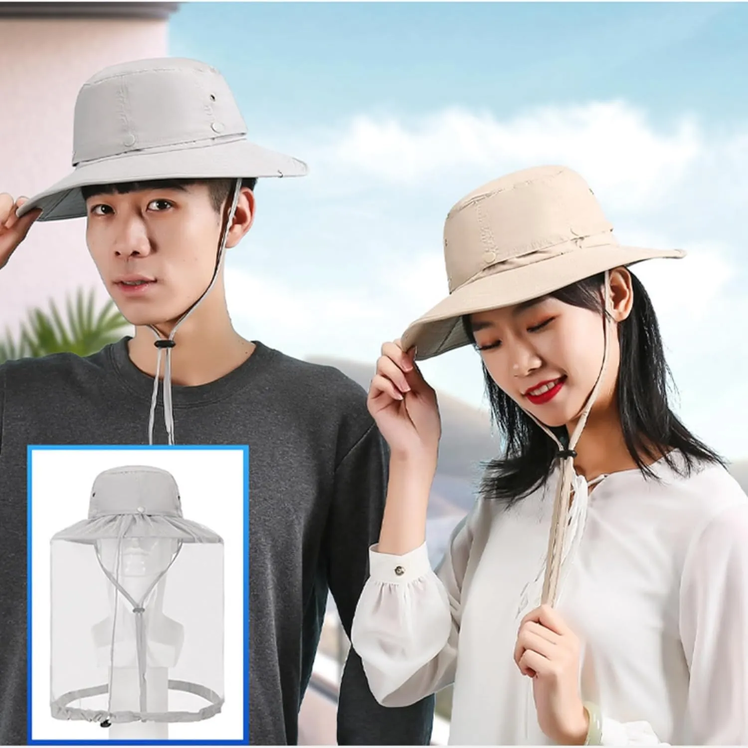 2X Mosquito Head Net Hats Men Women, Sun Bucket Hat Hidden Net Mesh, for Fishing Trekking Hiking Safari Gardening
