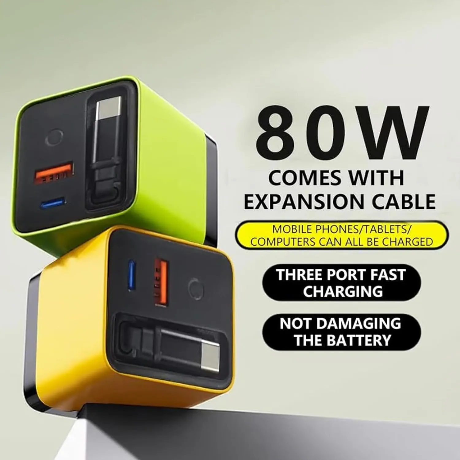 3 in 1 GaN Charger, Scalable 80w Max Fast Charger Module with Type C Cable and 2 USB Ports, Retractable Phone Chargers Wall Plug, Three Port Fastcharging (White Yellow)