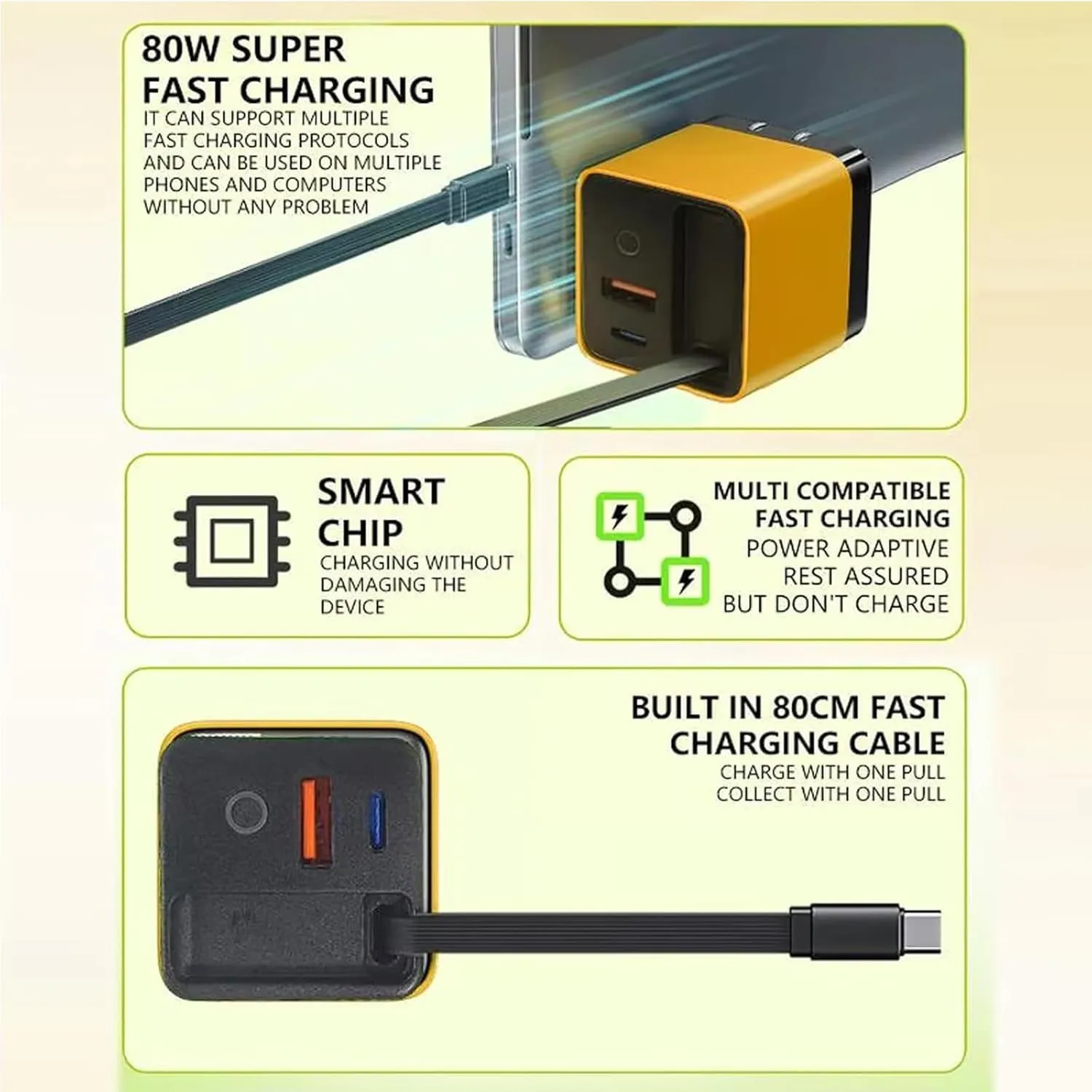 3 in 1 GaN Charger, Scalable 80w Max Fast Charger Module with Type C Cable and 2 USB Ports, Retractable Phone Chargers Wall Plug, Three Port Fastcharging (White Yellow)
