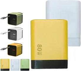 3 in 1 GaN Charger, Scalable 80w Max Fast Charger Module with Type C Cable and 2 USB Ports, Retractable Phone Chargers Wall Plug, Three Port Fastcharging (White Yellow)