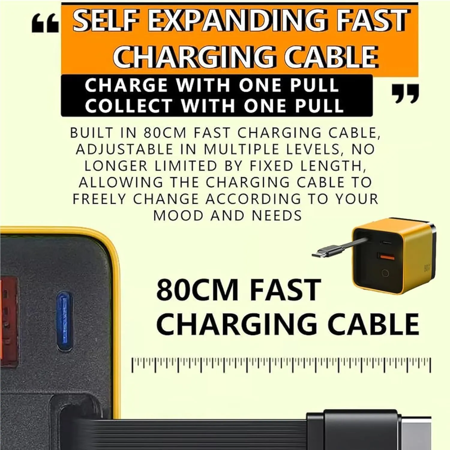 3 in 1 GaN Charger, Scalable 80w Max Fast Charger Module with Type C Cable and 2 USB Ports, Retractable Phone Chargers Wall Plug, Three Port Fastcharging (White Yellow)