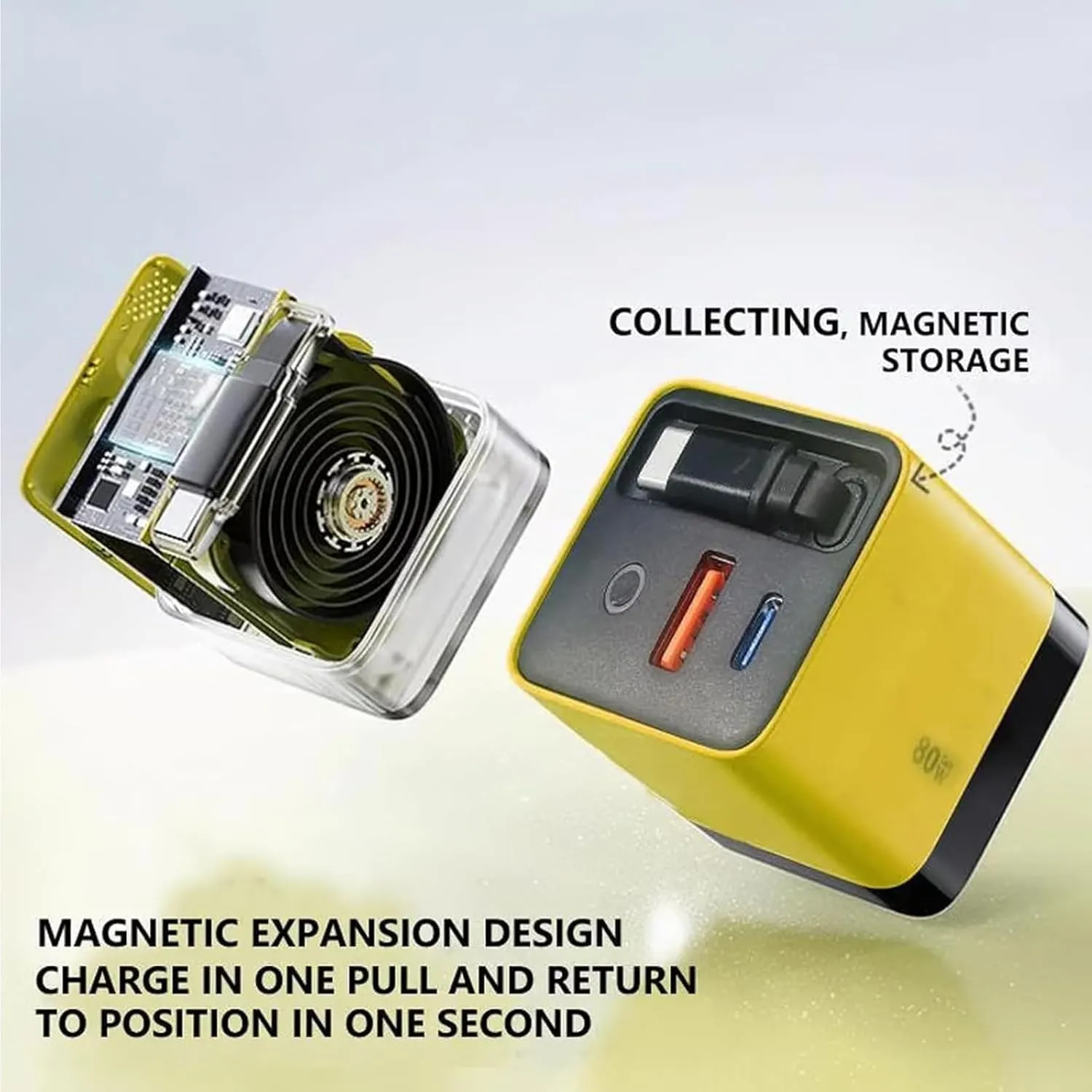 3 in 1 GaN Charger, Scalable 80w Max Fast Charger Module with Type C Cable and 2 USB Ports, Retractable Phone Chargers Wall Plug, Three Port Fastcharging (White Yellow)