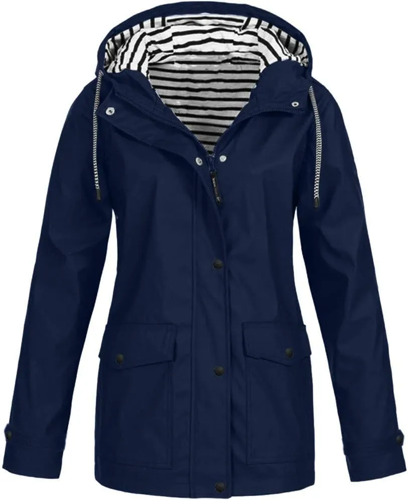Aniywn Hooded Jacket Women Fall Solid Rain Jacket Outdoor Raincoat Windproof Plus Size Zipper Waterproof Outerwear Tops