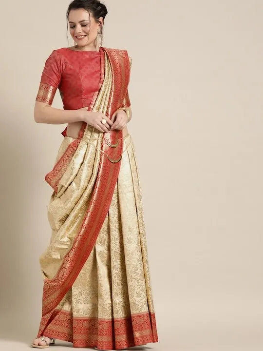 Beige & Red Silk Blend Woven Design Saree