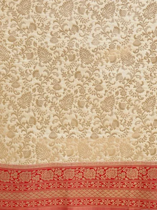 Beige & Red Silk Blend Woven Design Saree