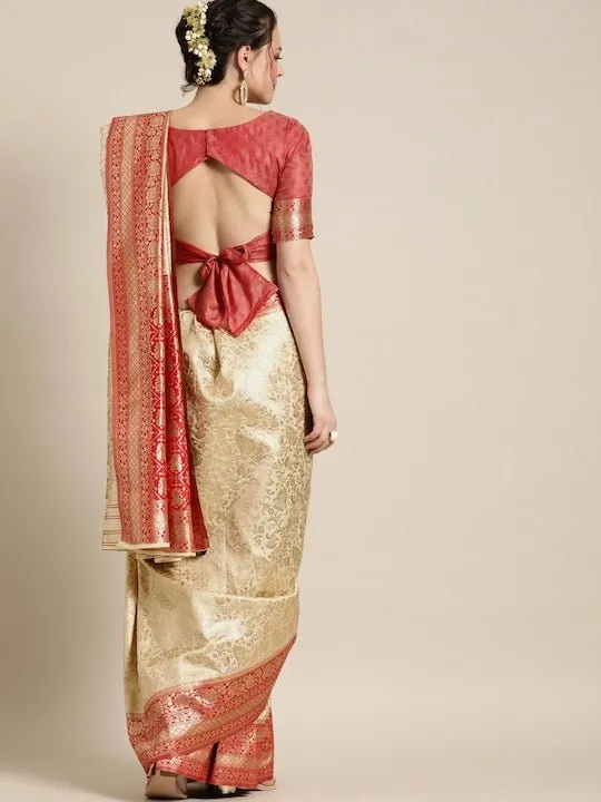 Beige & Red Silk Blend Woven Design Saree