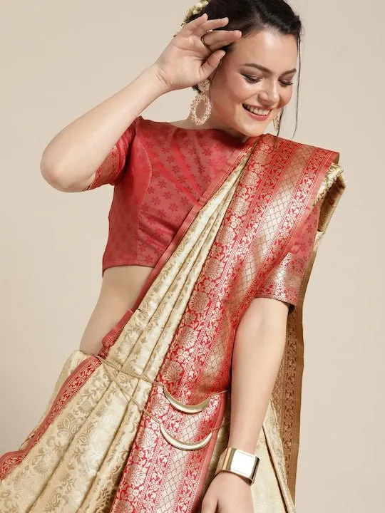 Beige & Red Silk Blend Woven Design Saree