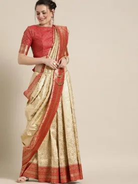 Beige & Red Silk Blend Woven Design Saree