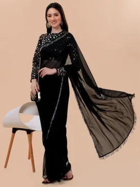 Black & Silver-Toned Sequinned Saree