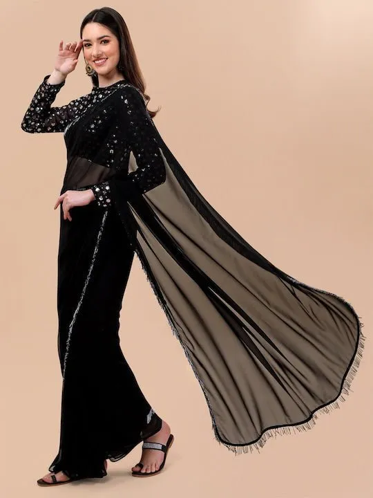 Black & Silver-Toned Sequinned Saree