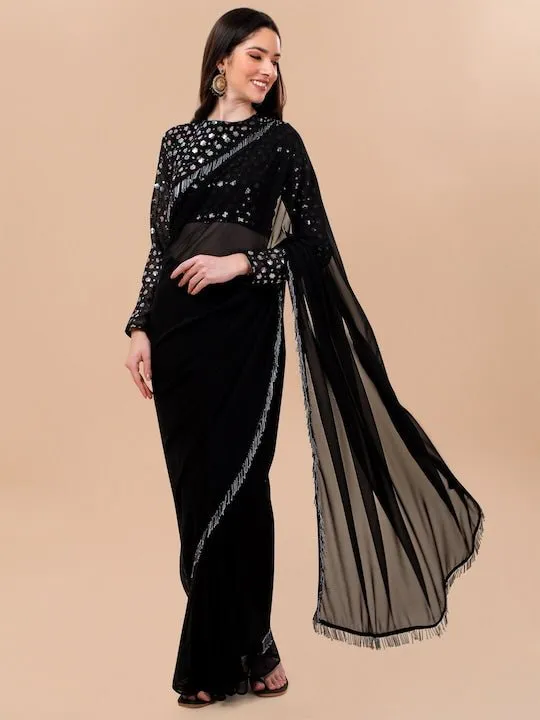 Black & Silver-Toned Sequinned Saree