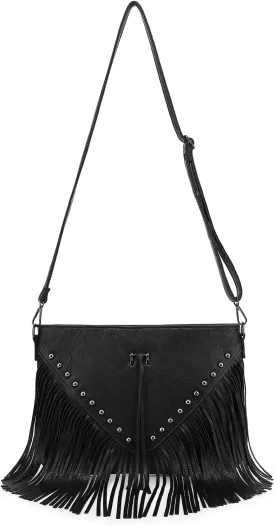 Black Fringe Purse Crossbody Bag for Women, Vintage Stud Large Fringe Crossbody Purse, Boho Shoulder Purse with Fringe