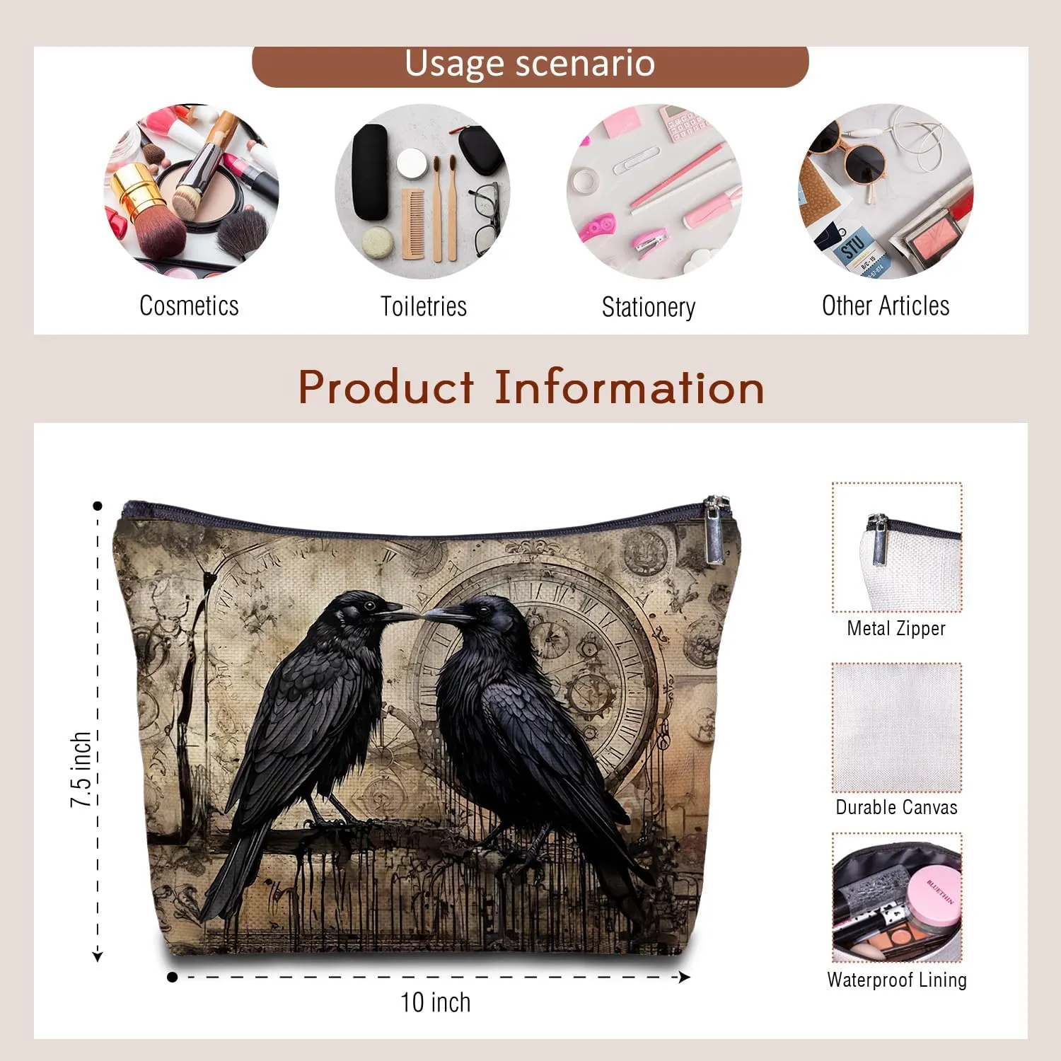 Black Raven Couple Makeup Bag - Vintage Goth Makeup Bag, Goth Gifts for Women Girls, Raven Crow Lover Gifts, Goth Cosmetic Bag for Travel Bag