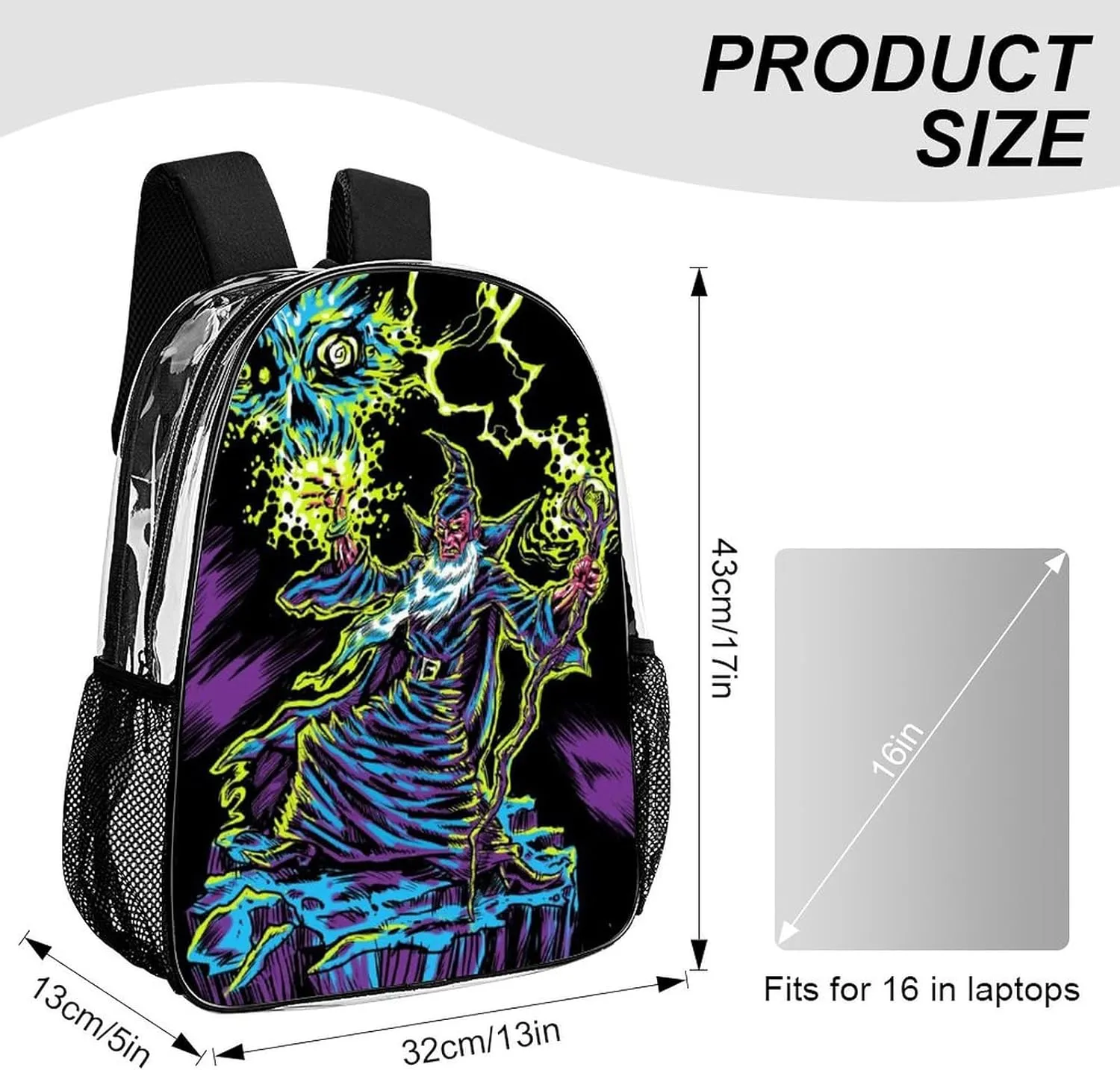 Blacklight by Evil Witch Transparent Fashion Waterproof PVC Transparent Backpack Unisex 17 Inches