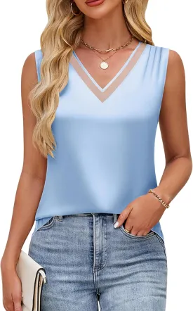 Blooming Jelly Womens Silk Business Dressy Casual Tank Tops Mesh V Neck Sleeveless Summer Blouse Work Pleated Outfits