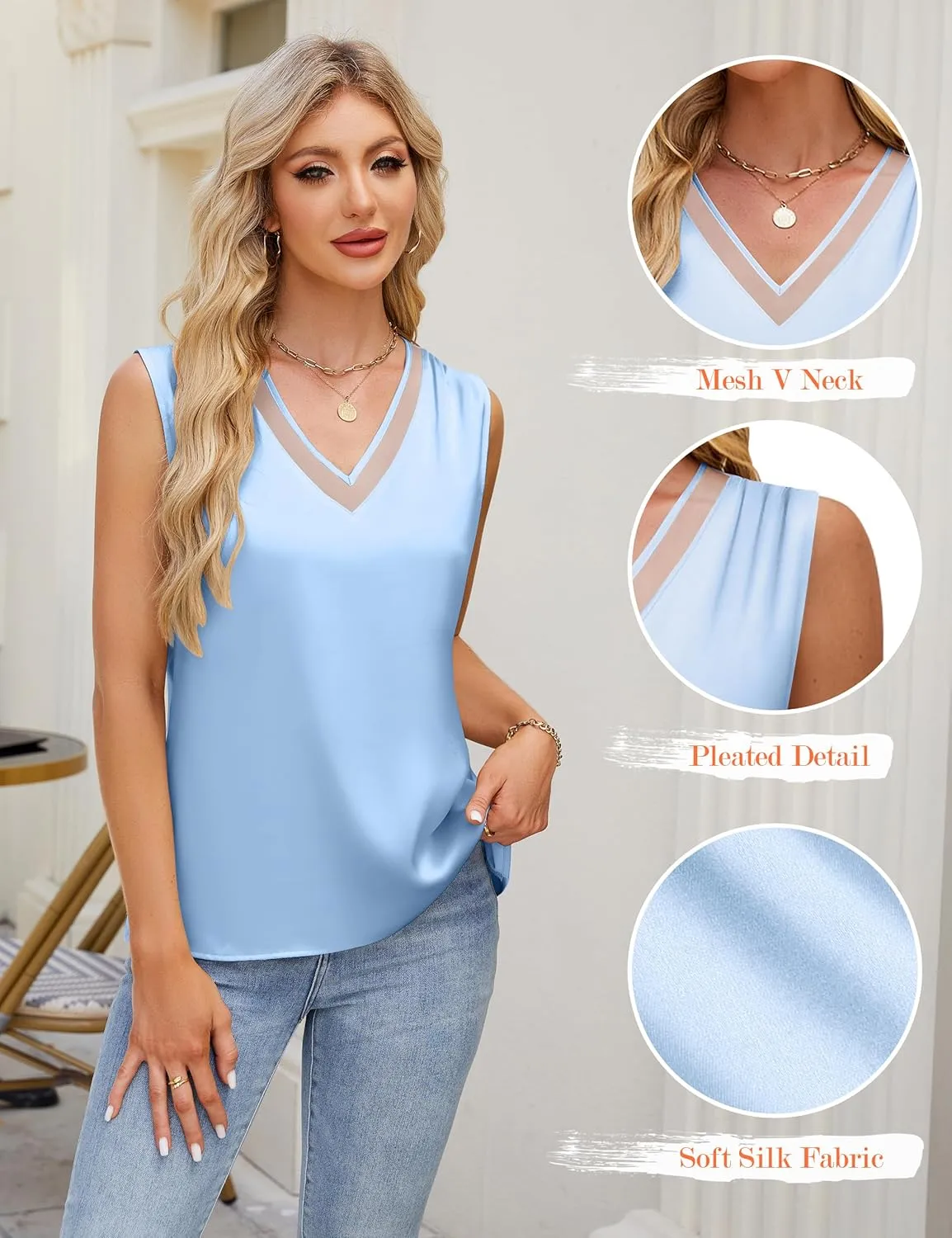 Blooming Jelly Womens Silk Business Dressy Casual Tank Tops Mesh V Neck Sleeveless Summer Blouse Work Pleated Outfits