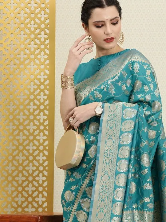 Blue & Gold-Toned Ethnic Motifs Zari Silk Blend Banarasi Saree