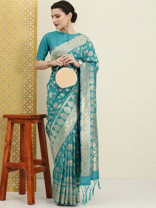 Blue & Gold-Toned Ethnic Motifs Zari Silk Blend Banarasi Saree