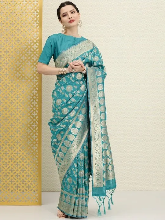 Blue & Gold-Toned Ethnic Motifs Zari Silk Blend Banarasi Saree