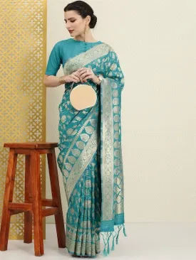 Blue & Gold-Toned Ethnic Motifs Zari Silk Blend Banarasi Saree