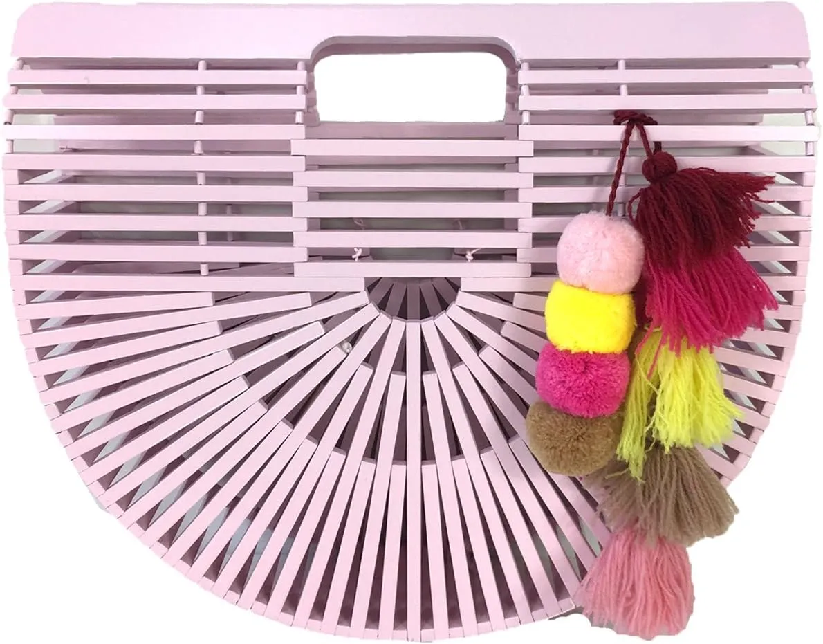 Blue Island Arc Bamboo Clutch w Pom Pom Tassels, Blush Pink