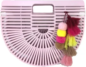Blue Island Arc Bamboo Clutch w Pom Pom Tassels, Blush Pink