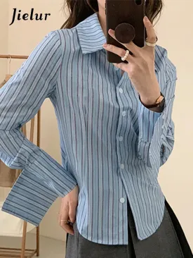 Blue Striped Slim Women Shirt Button Long Sleeve Single Breasted Female Fashion Streetwear Outfits Casual Simple Shirts
