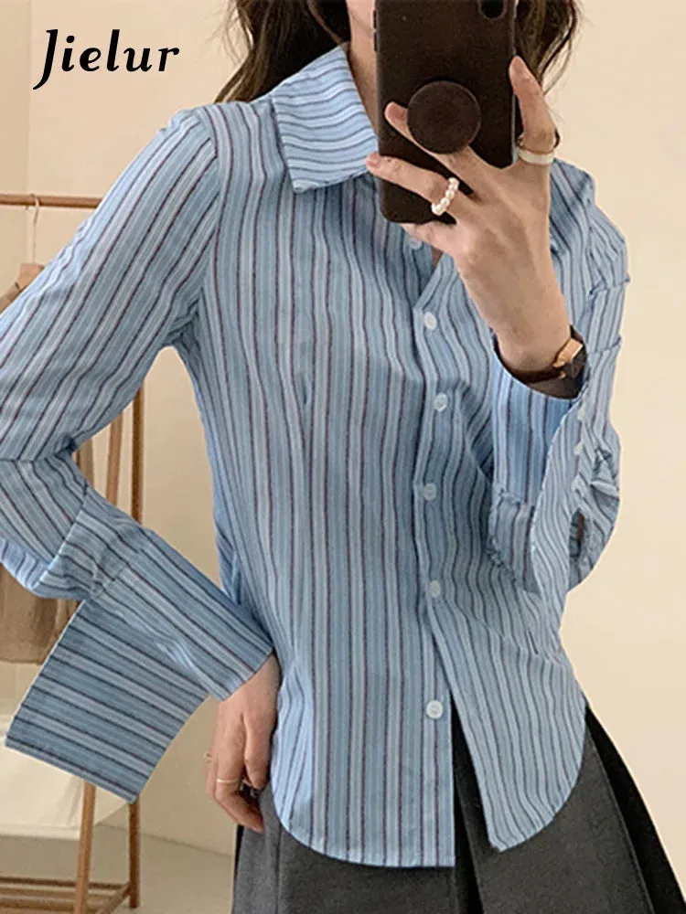 Blue Striped Slim Women Shirt Button Long Sleeve Single Breasted Female Fashion Streetwear Outfits Casual Simple Shirts