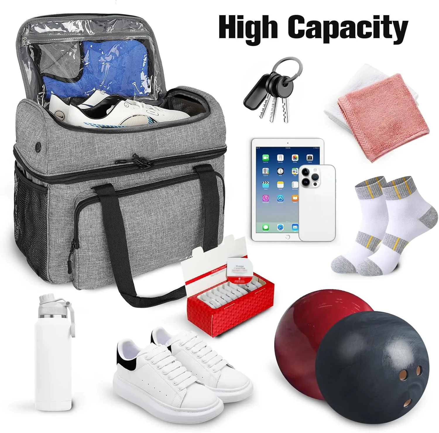 Bowling Ball Bag with Double Ball Holder - Fits Bowling Shoes Up to Mens Size 16