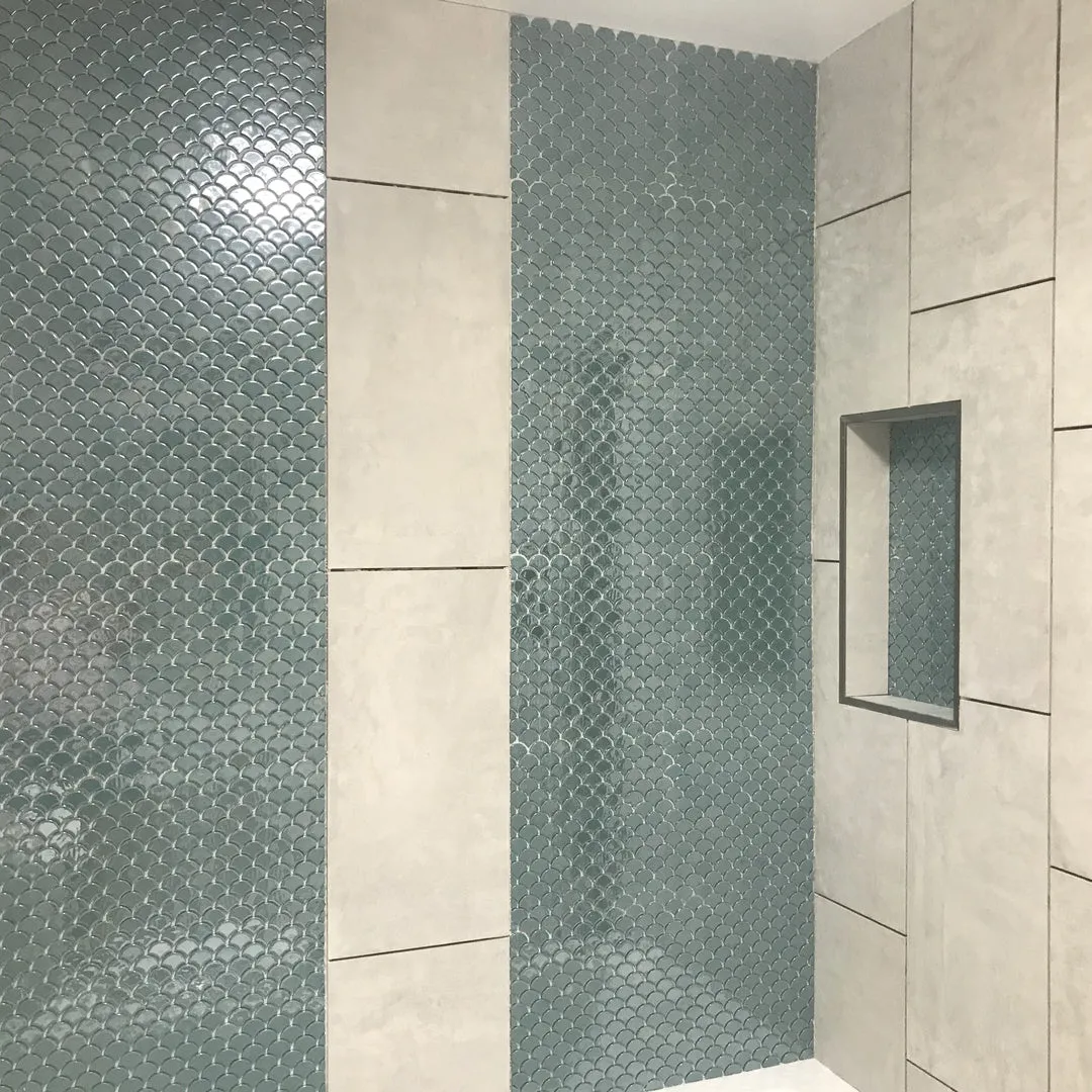 Brushed Turquoise, Fish Scale Mosaic - Glass Tile