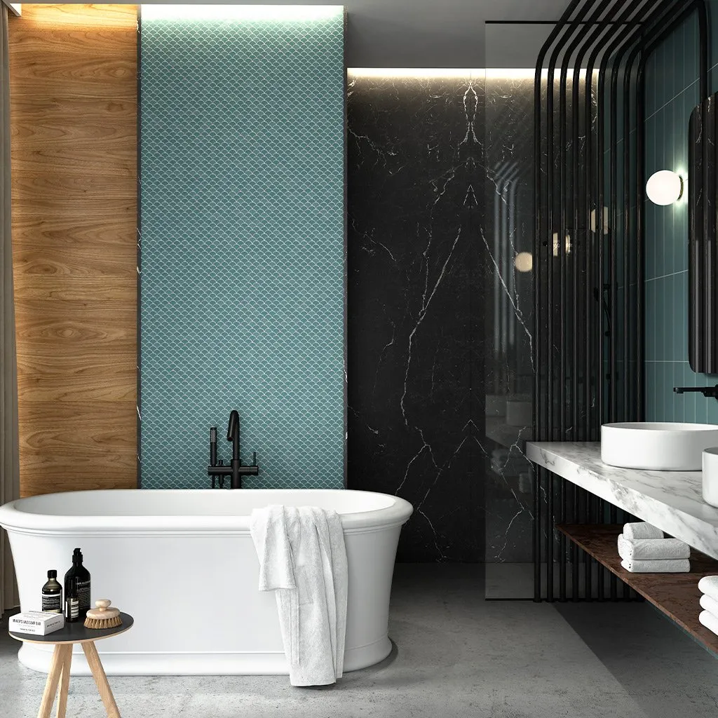 Brushed Turquoise, Fish Scale Mosaic - Glass Tile
