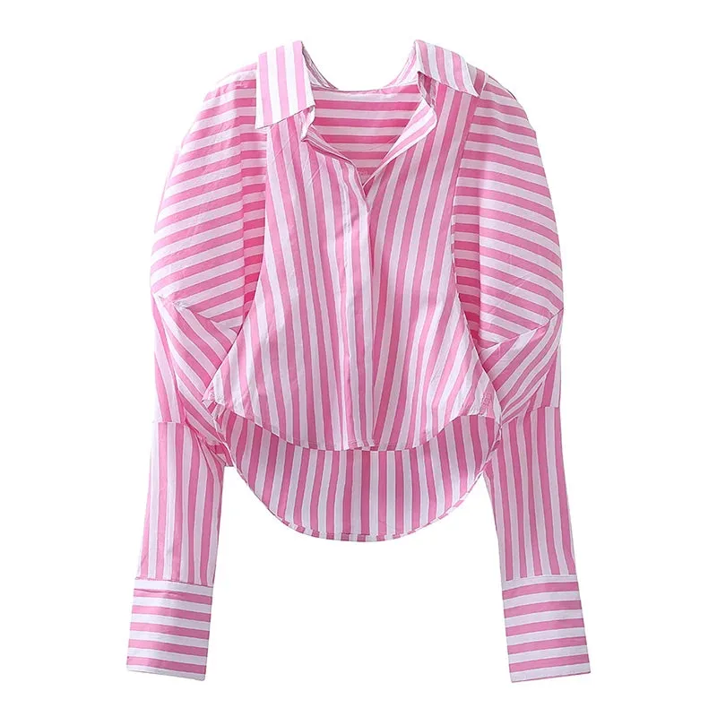 Casual Irregular Pink Striped Shirts For Women Lapel Long Sleeve Korean Straight Blouses Female Summer Fashion