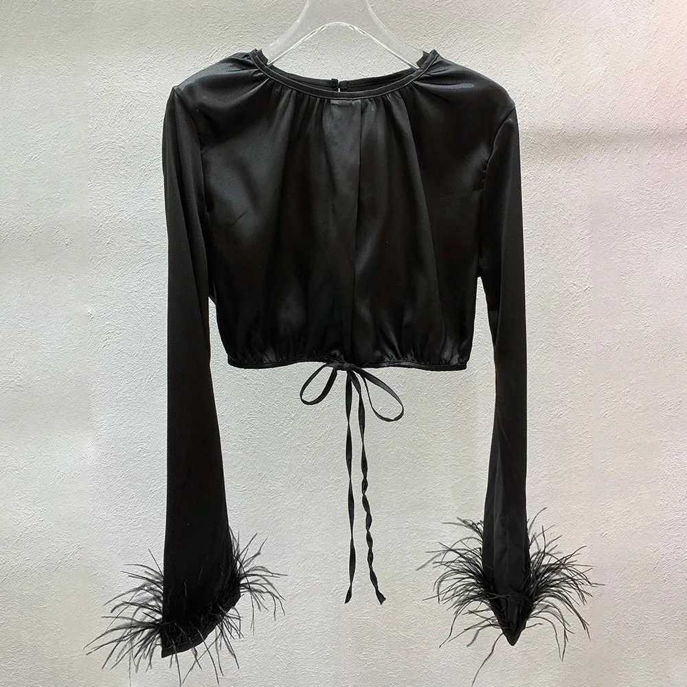 Casual Loose Shirt For Women Round Neck Long Sleeve Patchwork Feathers Solid Blouses Female Clothes Spring