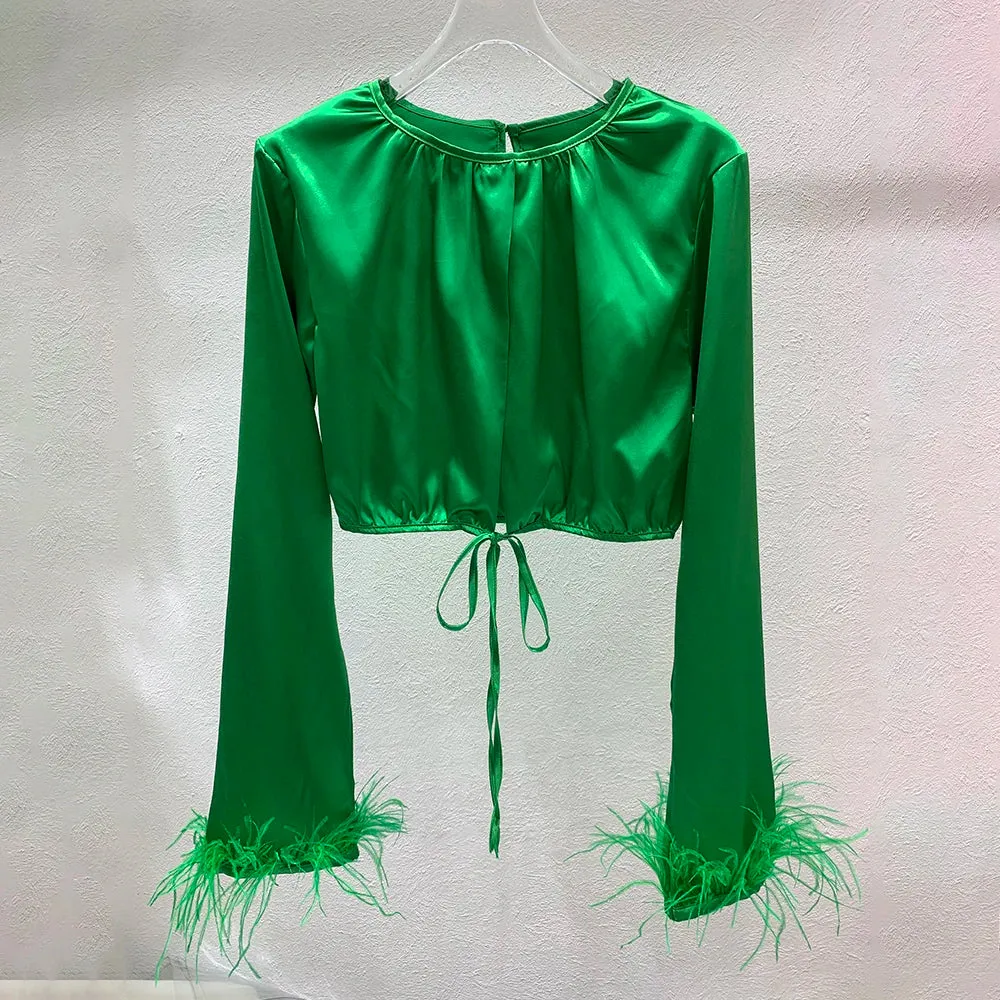 Casual Loose Shirt For Women Round Neck Long Sleeve Patchwork Feathers Solid Blouses Female Clothes Spring