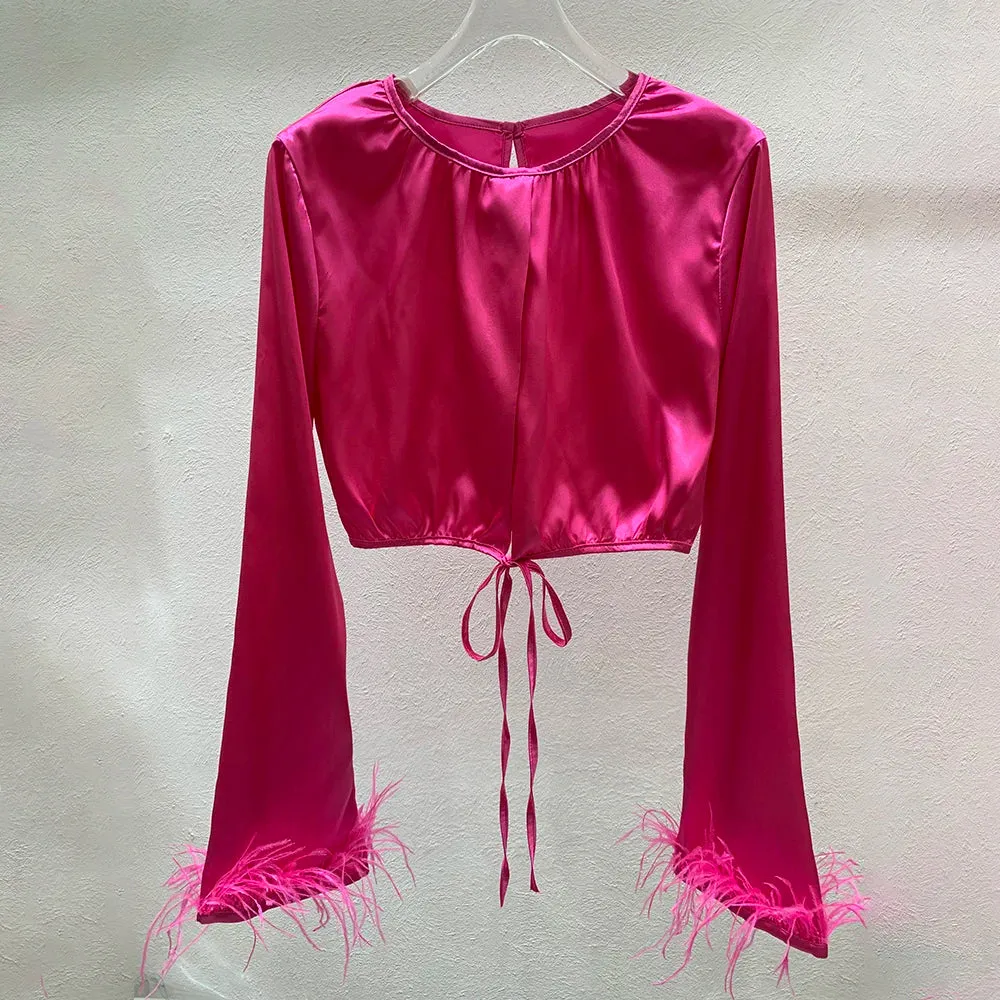Casual Loose Shirt For Women Round Neck Long Sleeve Patchwork Feathers Solid Blouses Female Clothes Spring