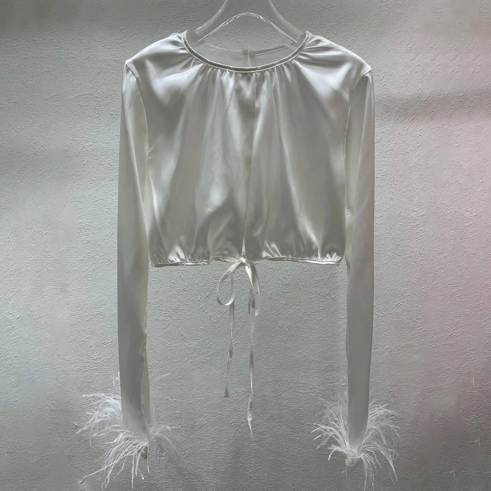 Casual Loose Shirt For Women Round Neck Long Sleeve Patchwork Feathers Solid Blouses Female Clothes Spring