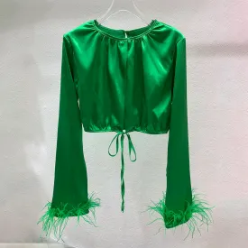 Casual Loose Shirt For Women Round Neck Long Sleeve Patchwork Feathers Solid Blouses Female Clothes Spring