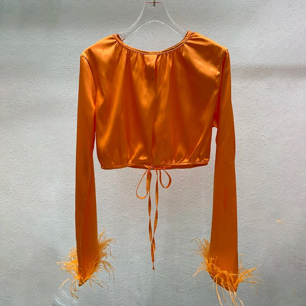 Casual Loose Shirt For Women Round Neck Long Sleeve Patchwork Feathers Solid Blouses Female Clothes Spring