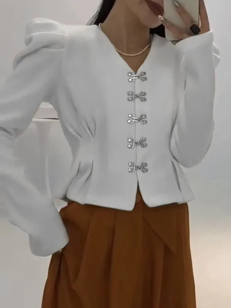 Casual Plain Blouses For Women V Neck Loose Long Puff Sleeve Single Breasted Open Stitch Female Autumn Clothes