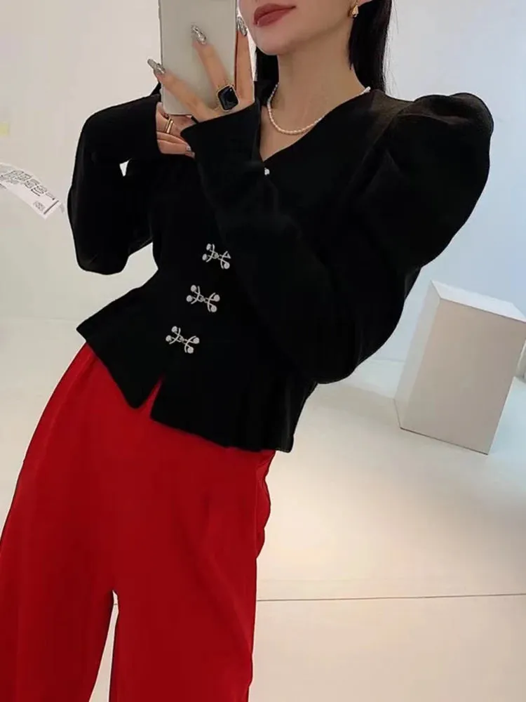 Casual Plain Blouses For Women V Neck Loose Long Puff Sleeve Single Breasted Open Stitch Female Autumn Clothes