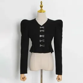 Casual Plain Blouses For Women V Neck Loose Long Puff Sleeve Single Breasted Open Stitch Female Autumn Clothes