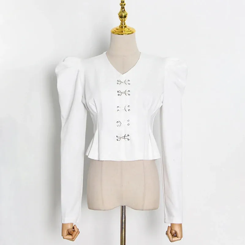 Casual Plain Blouses For Women V Neck Loose Long Puff Sleeve Single Breasted Open Stitch Female Autumn Clothes