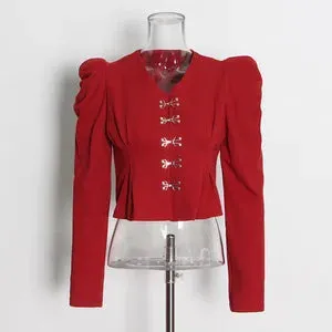 Casual Plain Blouses For Women V Neck Loose Long Puff Sleeve Single Breasted Open Stitch Female Autumn Clothes
