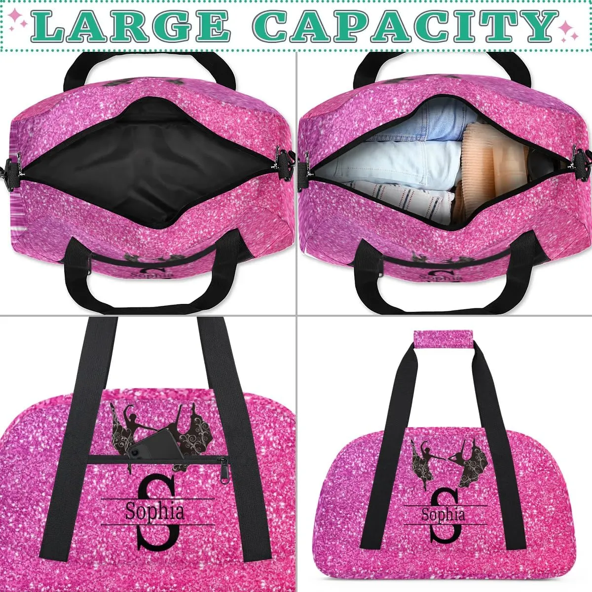Custom Named Dance Ballet Bag, Gym Bag Sports Travel Duffle Bag Tote Weekend Sports Travel Bag, Romantic Bright Hot Pink Glittering Effect