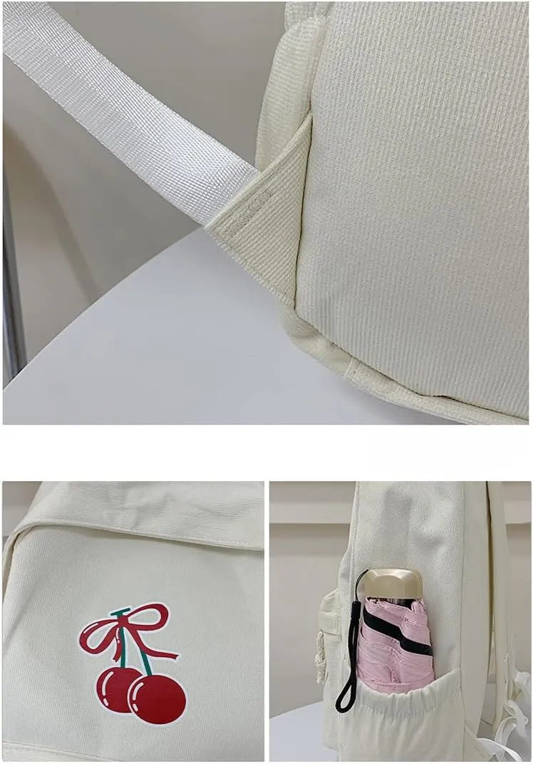 Cute Cherry Backpack for Women - Cute Vintage Bookbag Lightweight Canvas Daypack Kawaii Travel Rucksack Aesthetic Bag (White)