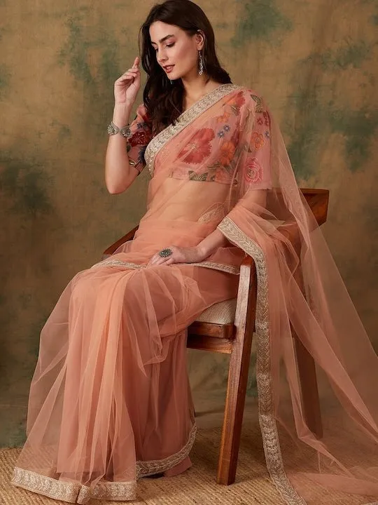Embroidered Bordered Net Sarees